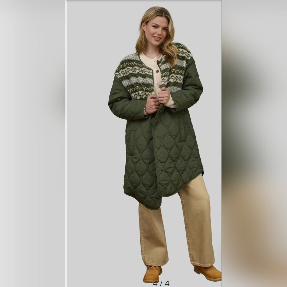 Blu Pepper Fleece Quilted Long Jacket Olive Large